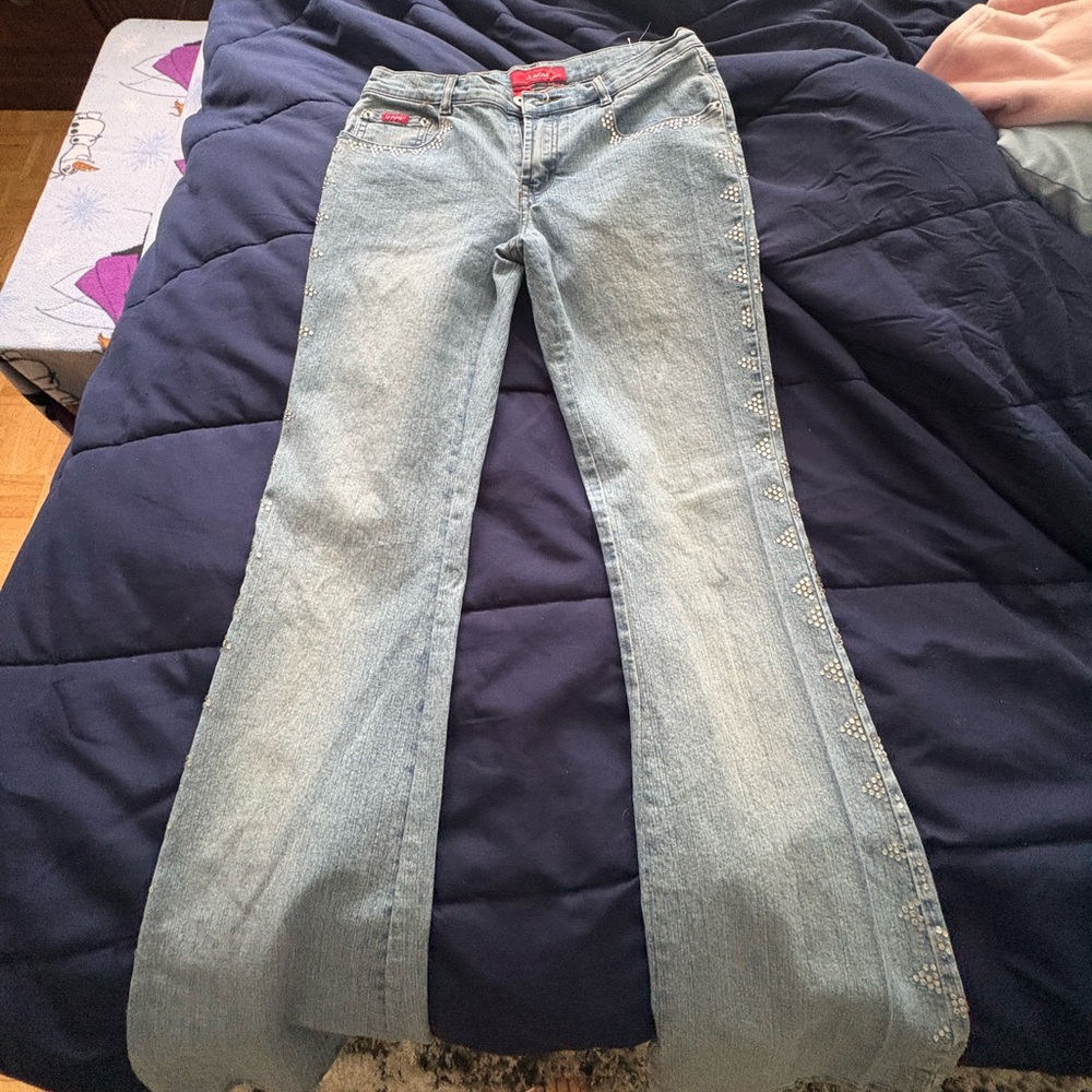 Light Blue Denim Flare Jeans with Side Stud Embellishment